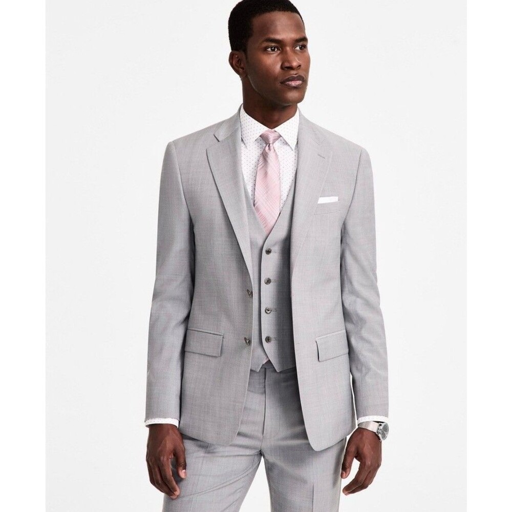 $660 NEW CALVIN KLEIN Mens 40R Solid Light Gray Slim 2 Piece Suit W/ Pants 33x30